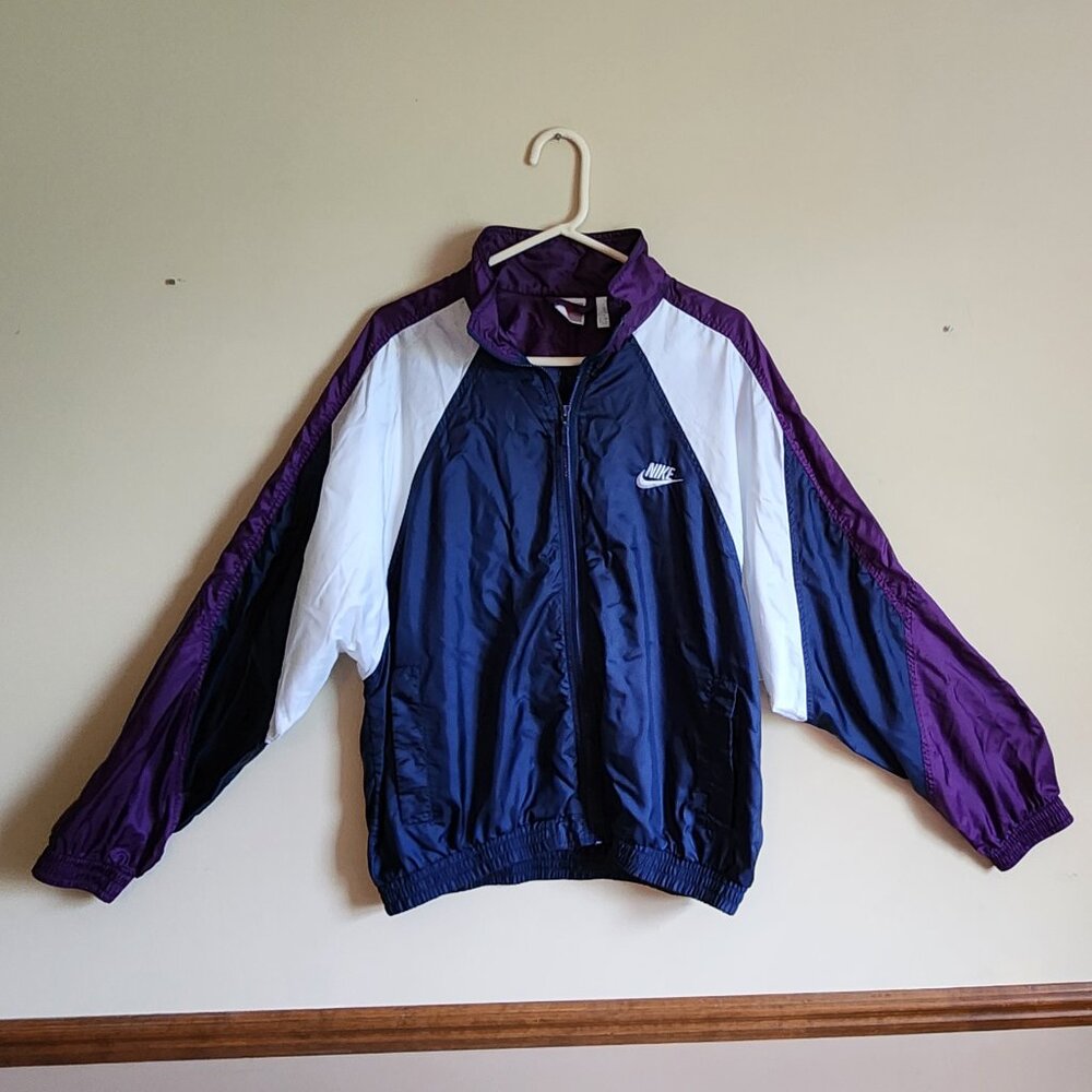 Nike Vintage 90s Purple Navy White Full Windbreaker 100% Nylon Size Large